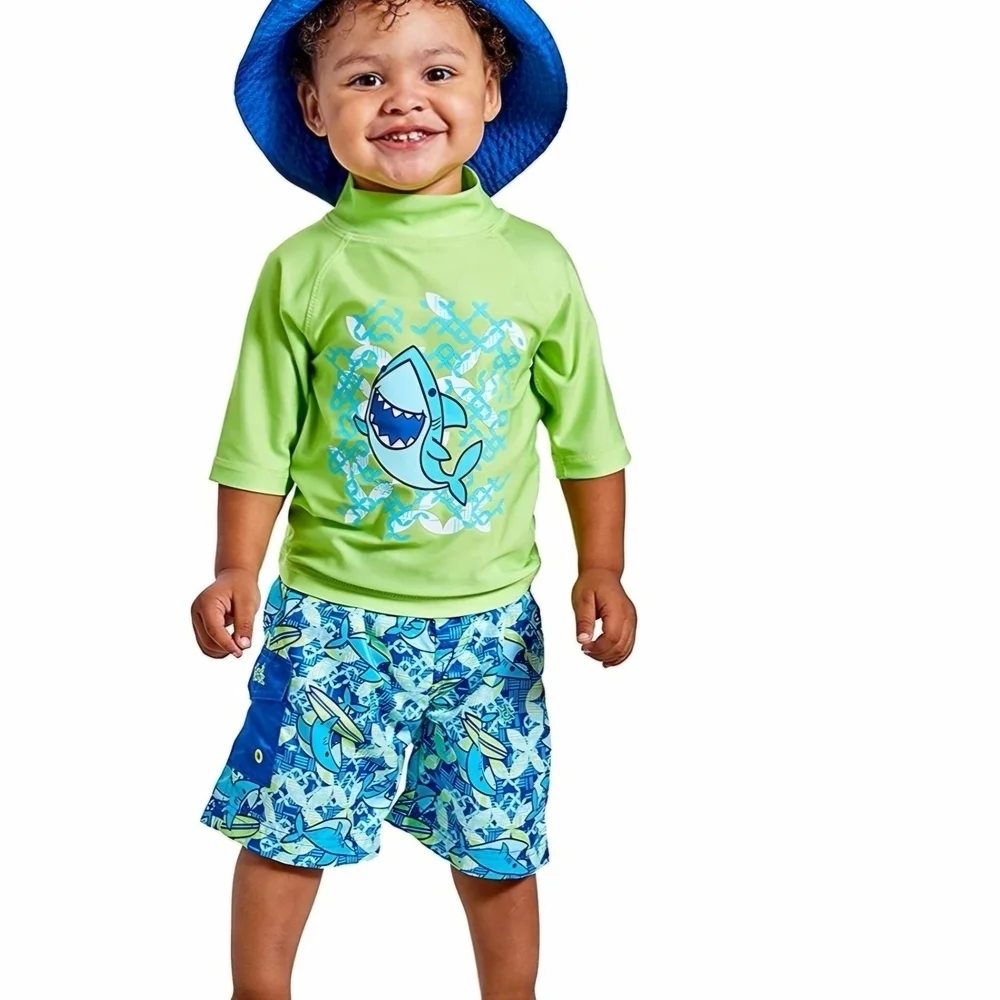 Kids Shark Print Rashguard Set - Neon Green and Blue